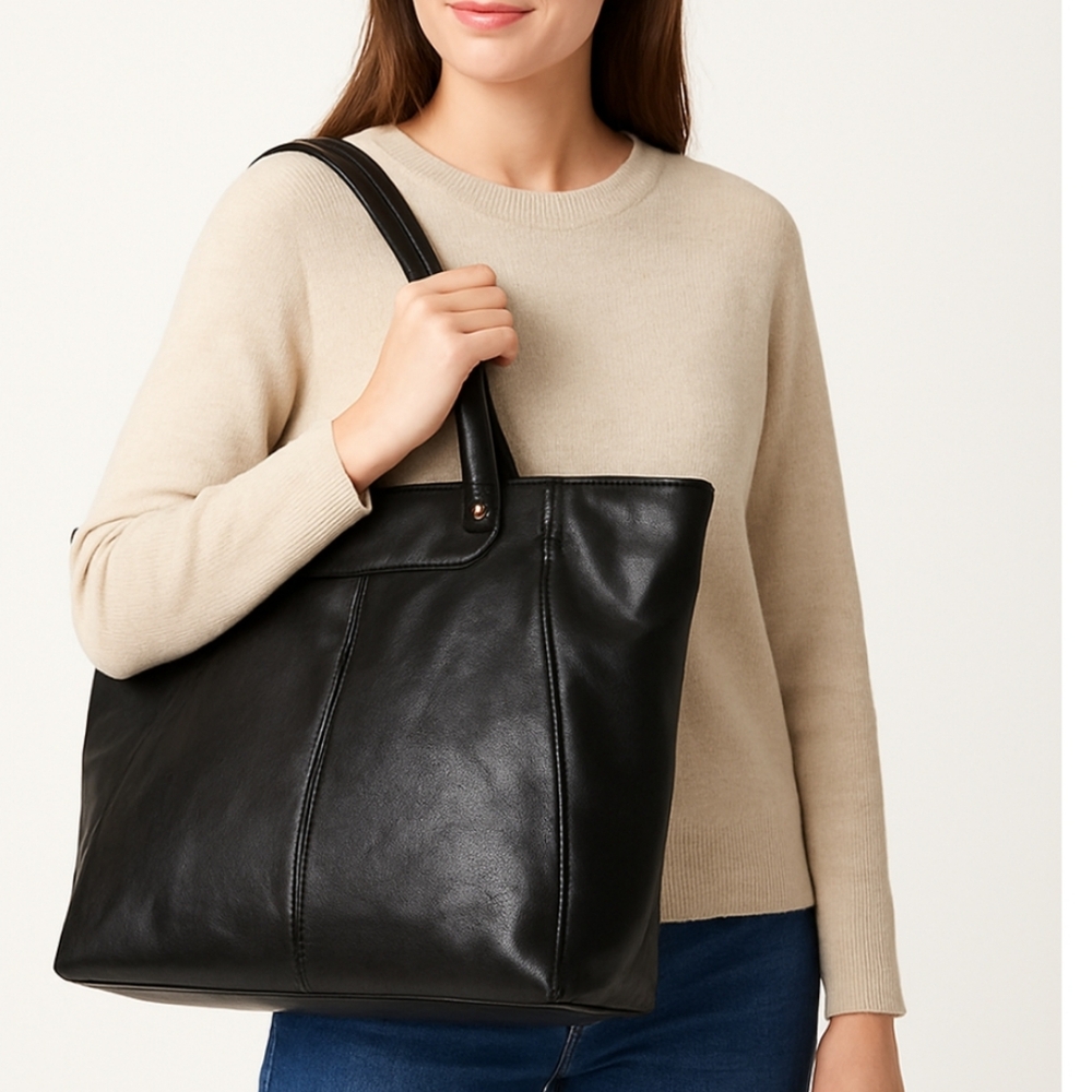 Black Vegan Leather Unisex Maxi Tote Shoulder Bag 15x18